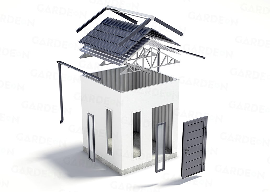 Rozsyp záhradného domčeka so sedlovou strechou