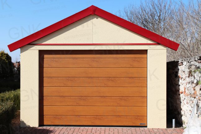 Garáž pre jedno auto so sedlovou strechou v červenej farbe