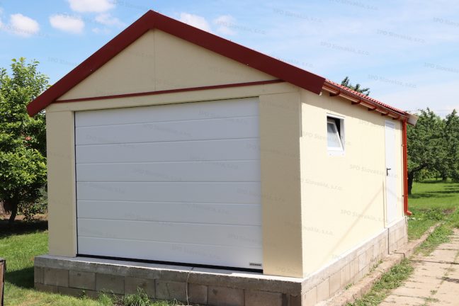 Garáž pre jedno auto so sedlovou strechou v červenej farbe