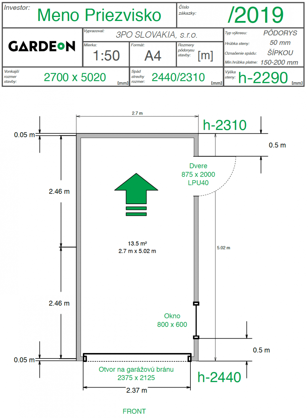 Nákres montovanej garáže GARDEON
