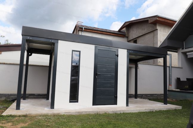 Montovaný záhradný domček GARDEON s prístreškami na ľavej a pravej strane