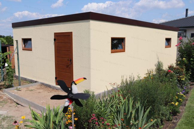 Záhradný domček GARDEON v pieskovej omietke s rovnou strechou v hnedej farbe