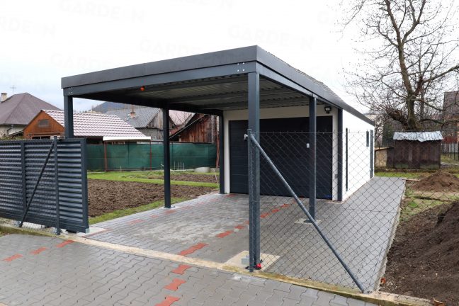 Antracitový prístrešok GARDEON spojený s jednogarážou