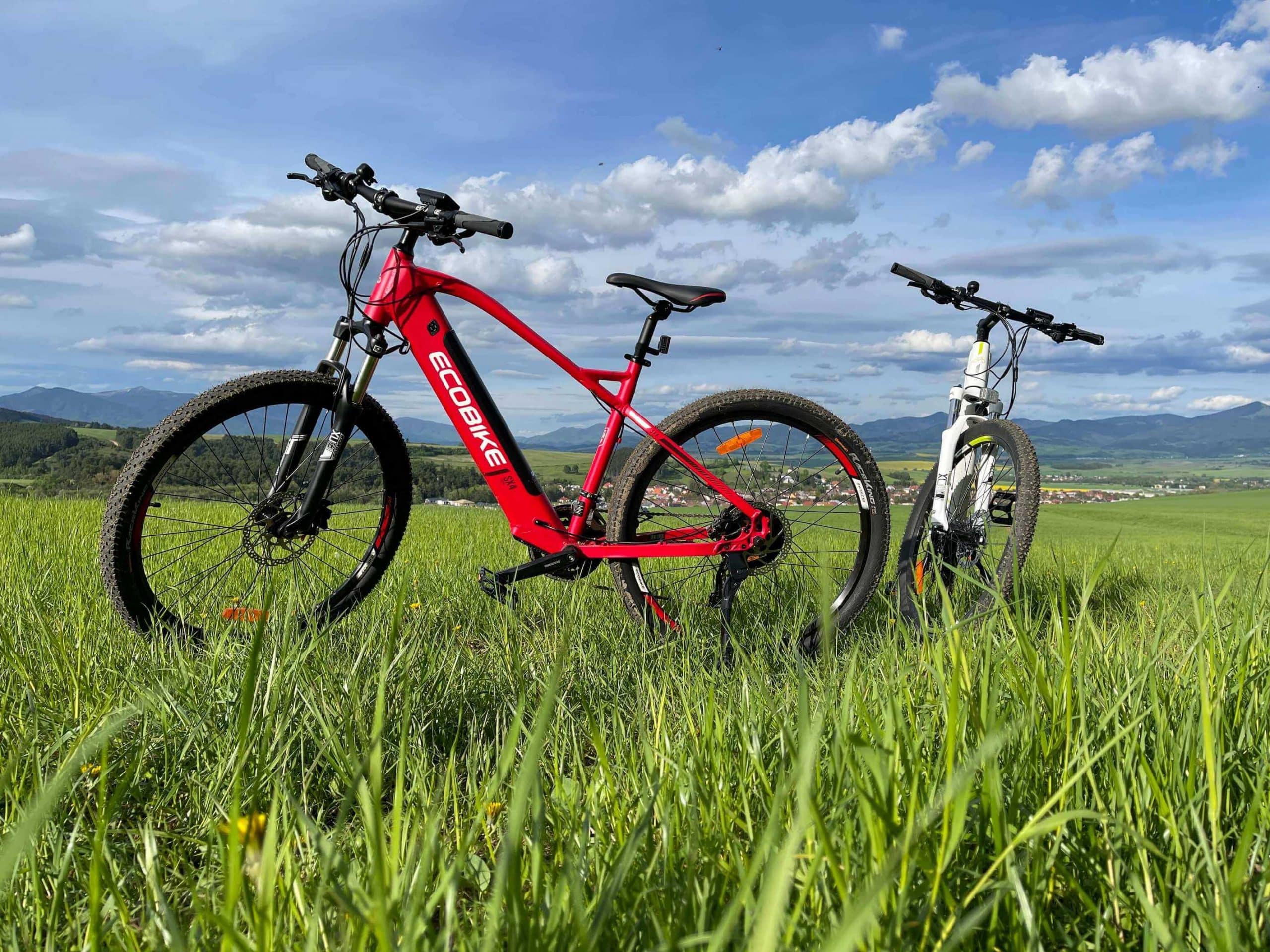 Červený a biely bicykel na lúke.