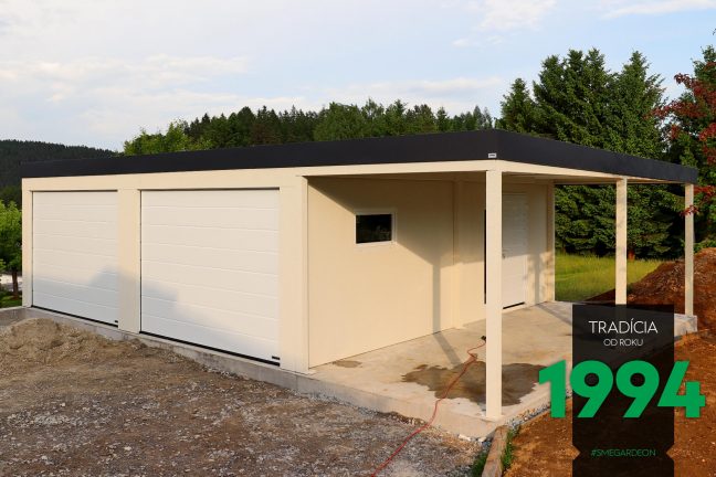 Dvojgaráž s dvomi garážovými bránami a prístreškom