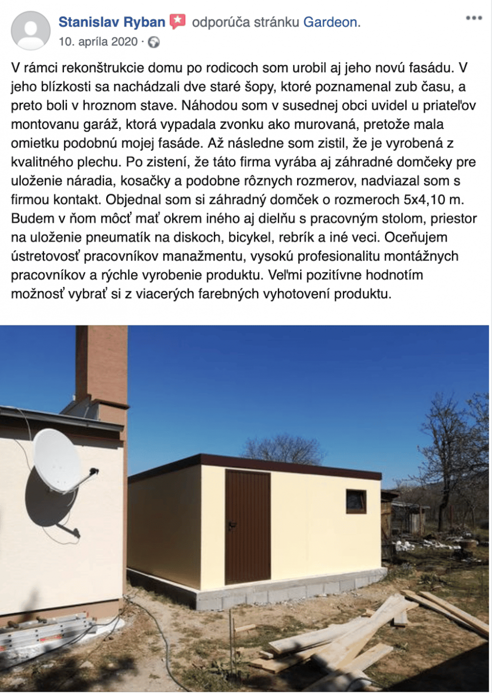 Recenzia záhradného domčeka na Facebooku