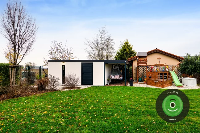 Gardeon záhradný domček s prístreškom, hojdacie závesné kreslo a detské ihrisko