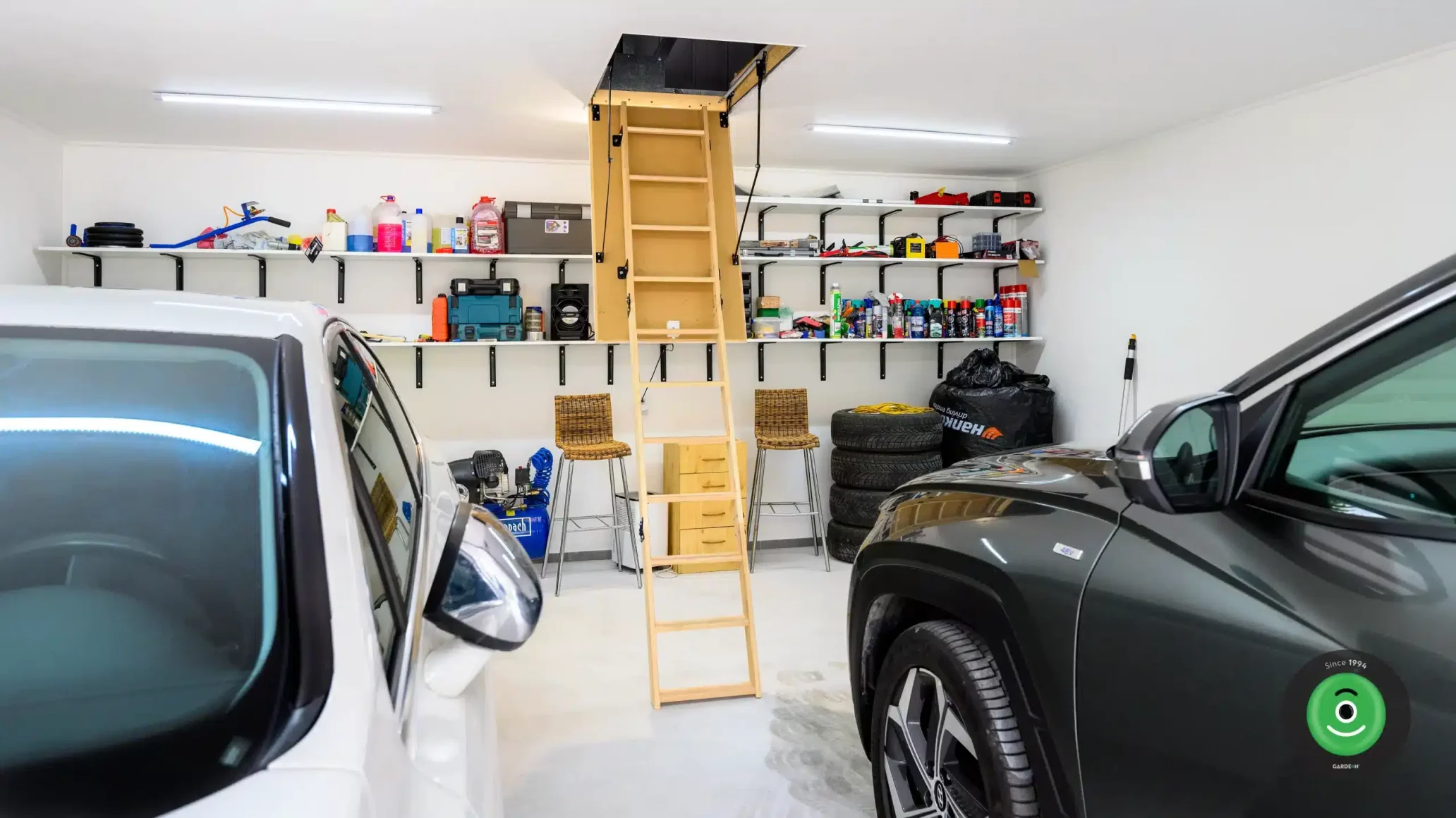GARDEON garáž pre dve autá sedlová strecha skladajúci sa rebrík zo stropu