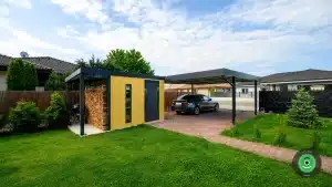 GARDEON žltý záhradný domček s prístreškom na drevo a prístreškom pre dve autá