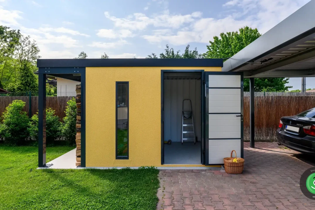GARDEON žltý záhradný domček s prístreškom na drevo a prístreškom pre dve autá 3