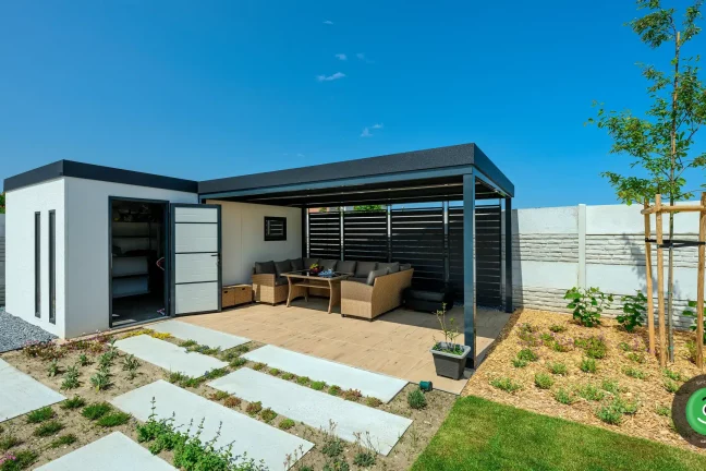 GARDEON záhradný domček s prístreškom na posedenie antracit