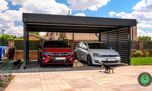 GARDEON prístrešok pre dve autá usadený na zámkovej dlažbe.