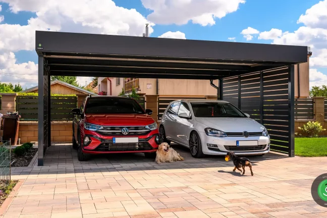 GARDEON prístrešok pre dve autá usadený na zámkovej dlažbe.