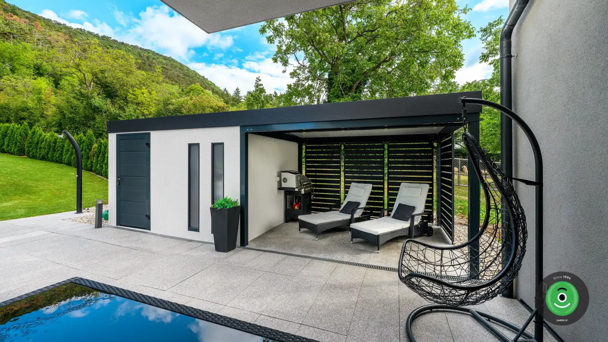 GARDEON záhradný domček s prístreškom a posedením