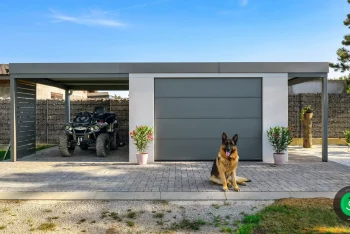psík pri záhradnom domčeku s garážovou bránou