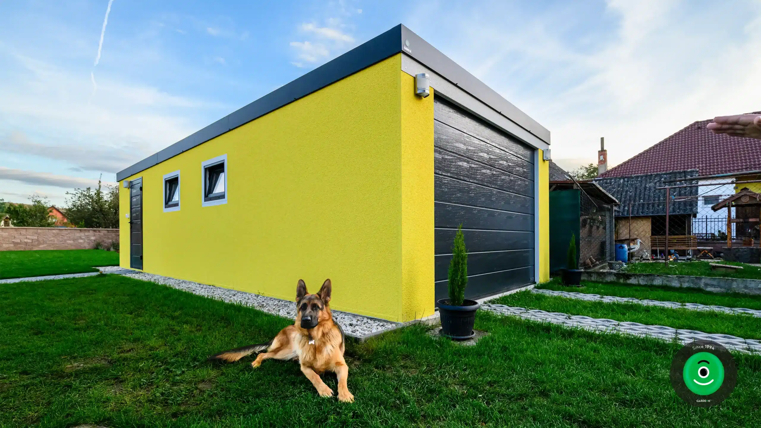 pes sediaci pred garážou so žltou omietkou