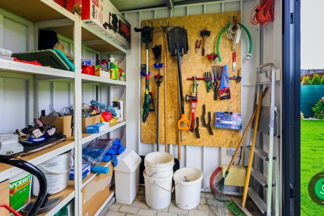vnútro záhradného domčeka ako úložný priestor záhradného náradia