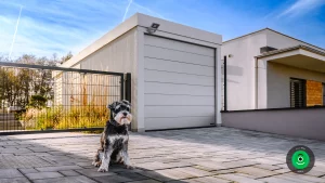 malý psík pred garážou s nainštalovaným svetlom pod atikou