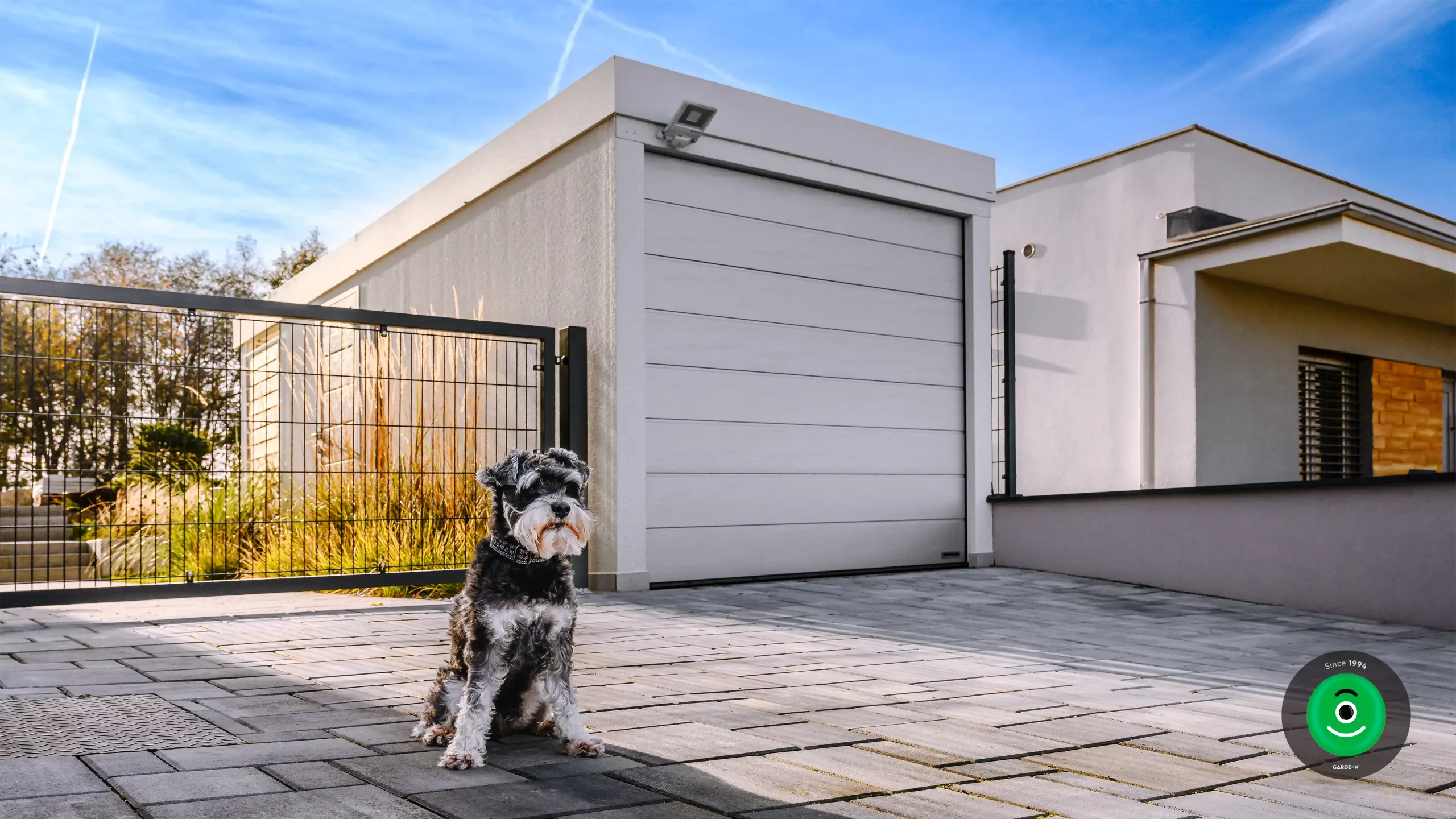 malý psík pred garážou s nainštalovaným svetlom pod atikou