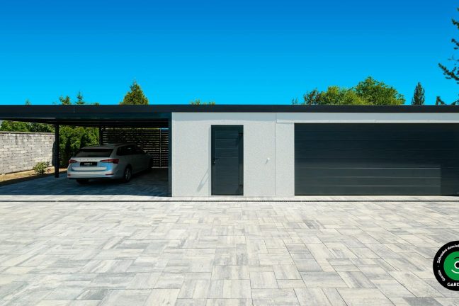Garáž pre dve autá s rozšíreným krytým státím.