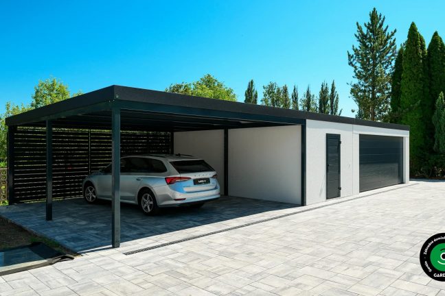 Montovaná stavba pre dve autá a veľký prístrešok.