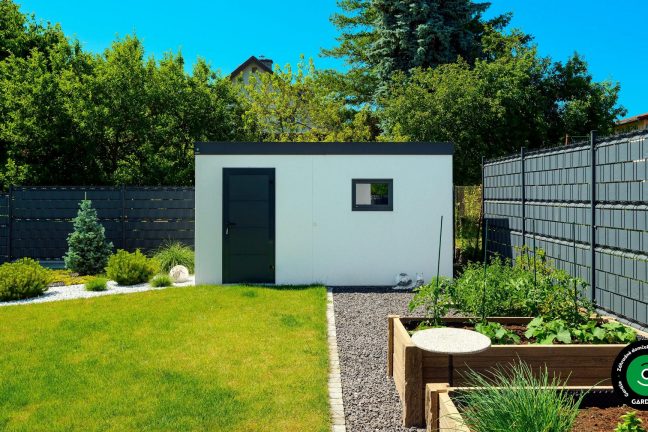 Záhradný domček so pultovou strechou a čistými líniami.