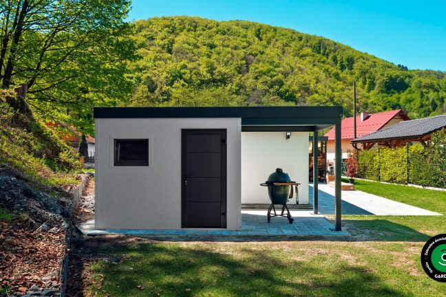 Záhradný domček s prístreškom pre GarážTV