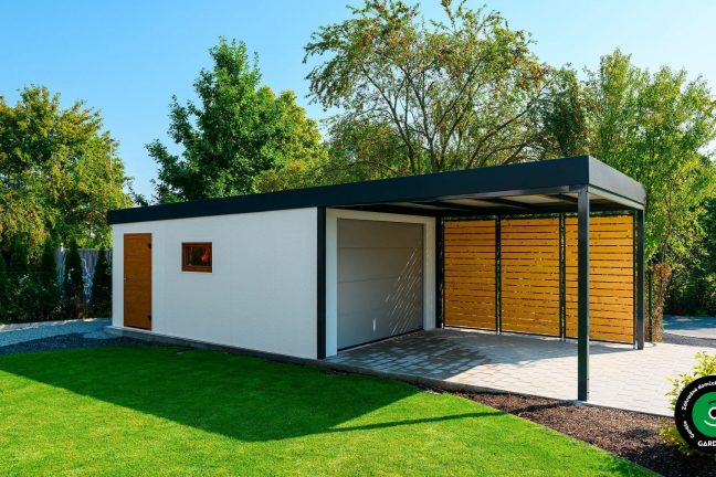 Jednogaráž s prístreškom ako súčasťou stavby.