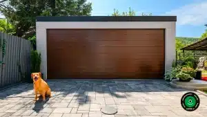 Pes sedí pred elegantnou dvojgarážou s dreveným vzhľadom.