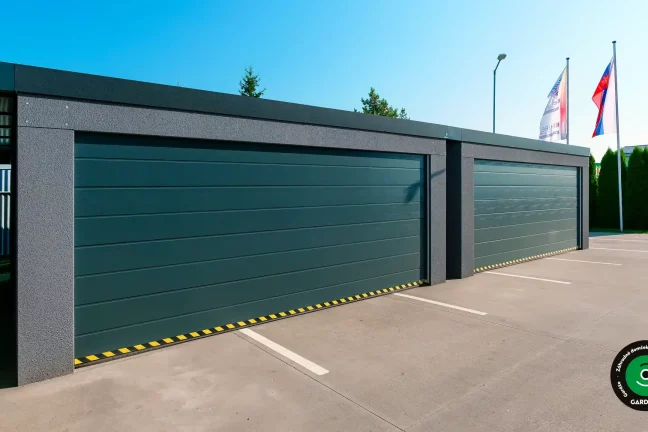 Detail garážových brán s ochranným pásom pri vjazde.